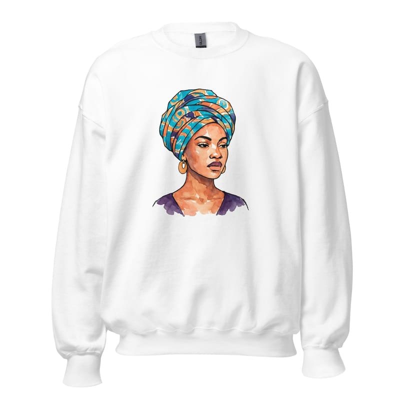 Unisex Sweatshirt, Regal Woman in Turquoise & Coral Wax Turban-Original - Image 11