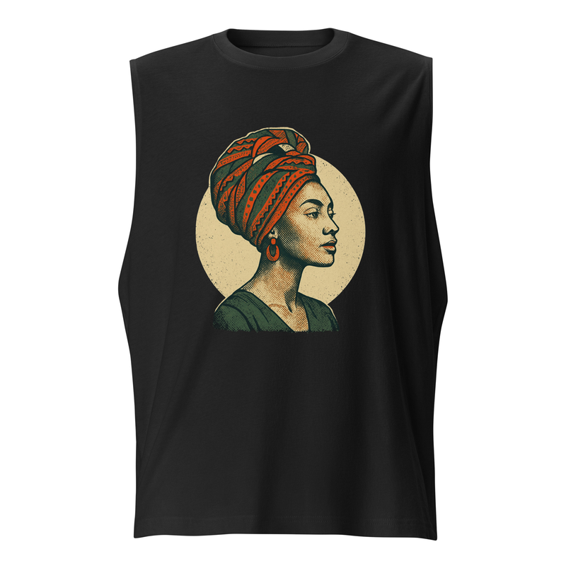 Muscle Shirt Poised Lady in Vibrant African Wax Turban-Original