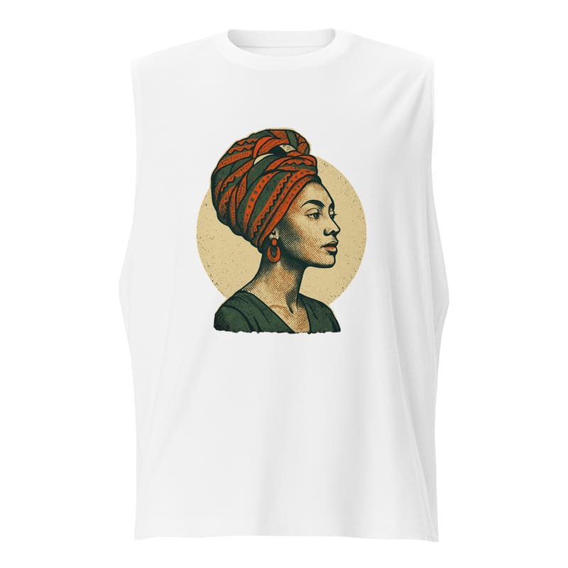 Muscle Shirt Poised Lady in Vibrant African Wax Turban-Original - Image 2