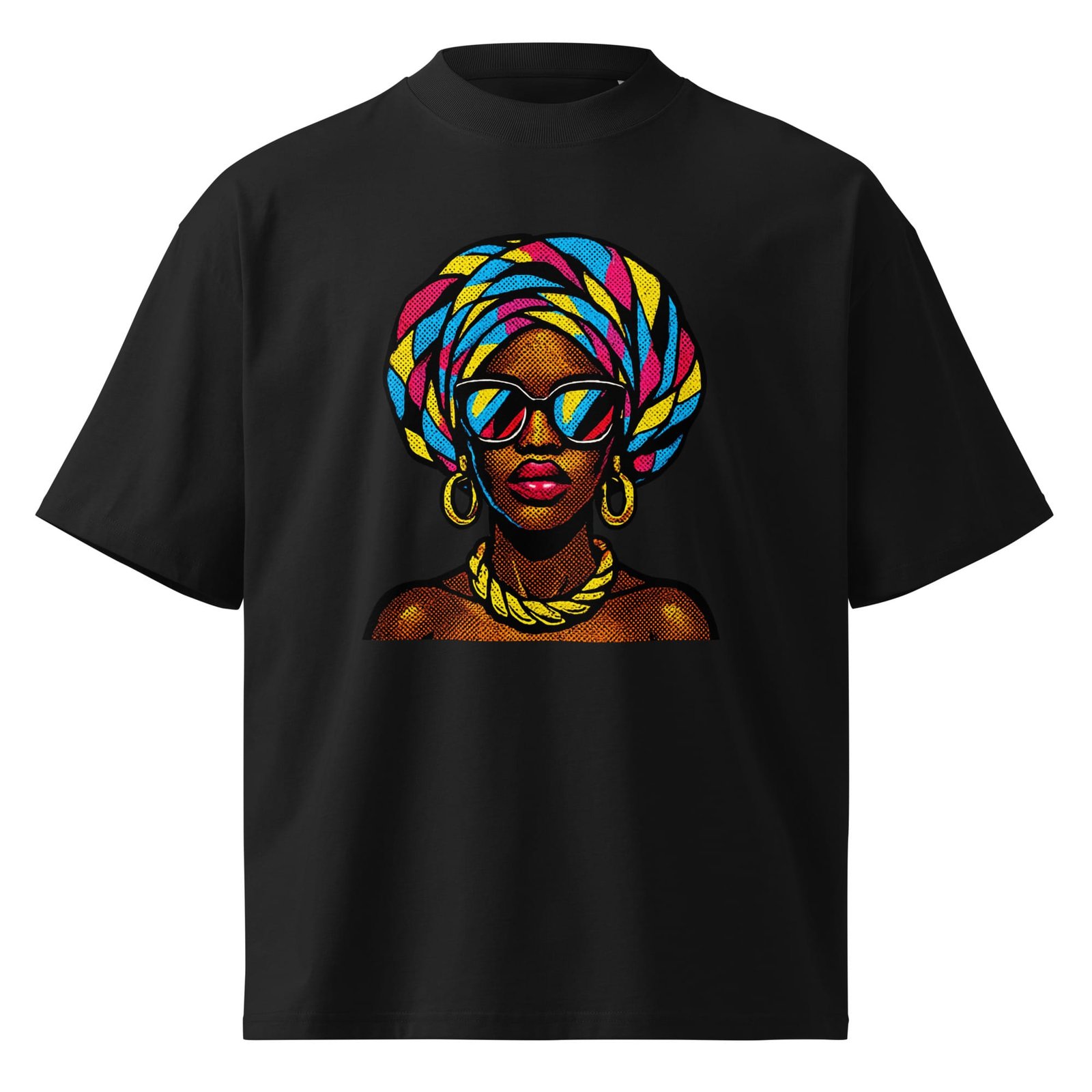 Unisex organic oversized high neck t-shirt Pop-Art Queen with Kaleidoscopic Headwrap-Original - Image 2