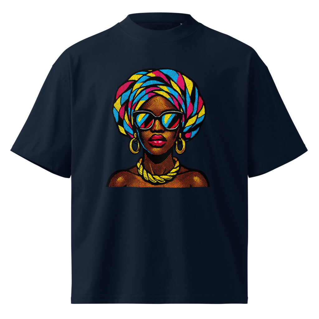 Unisex organic oversized high neck t-shirt Pop-Art Queen with Kaleidoscopic Headwrap-Original
