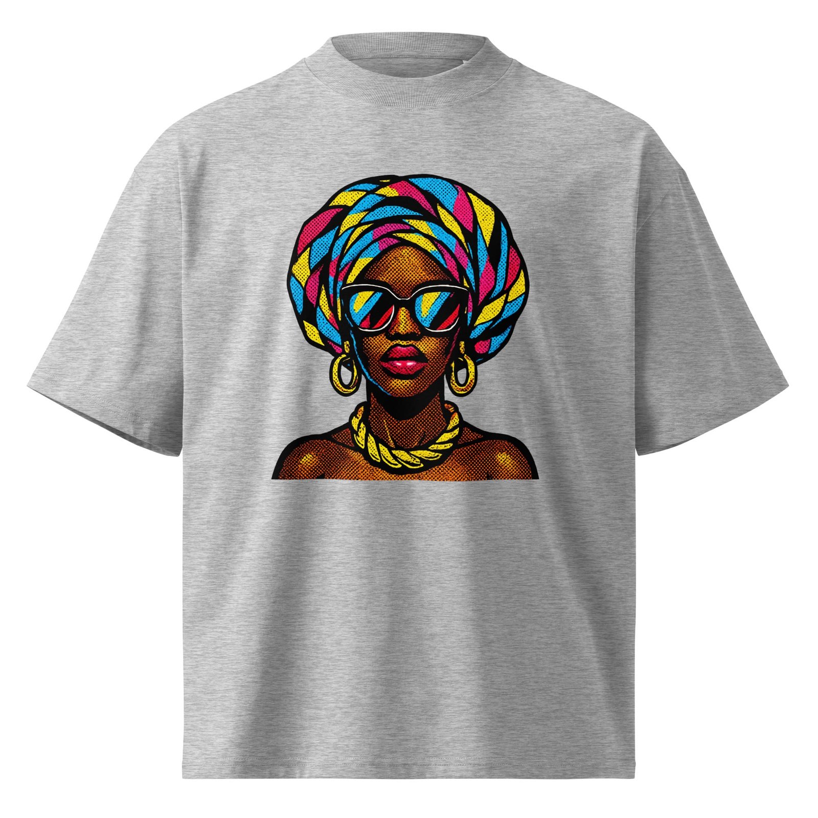 Unisex organic oversized high neck t-shirt Pop-Art Queen with Kaleidoscopic Headwrap-Original - Image 3