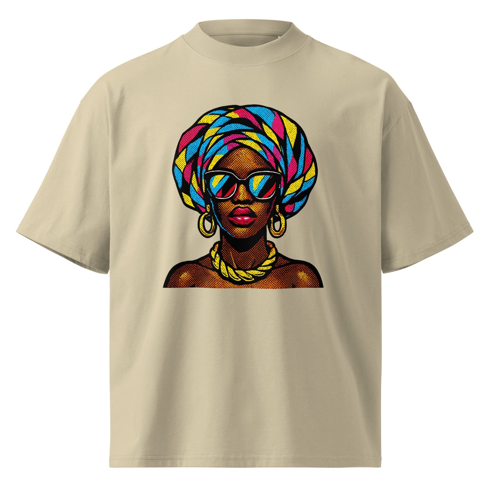 Unisex organic oversized high neck t-shirt Pop-Art Queen with Kaleidoscopic Headwrap-Original - Image 4