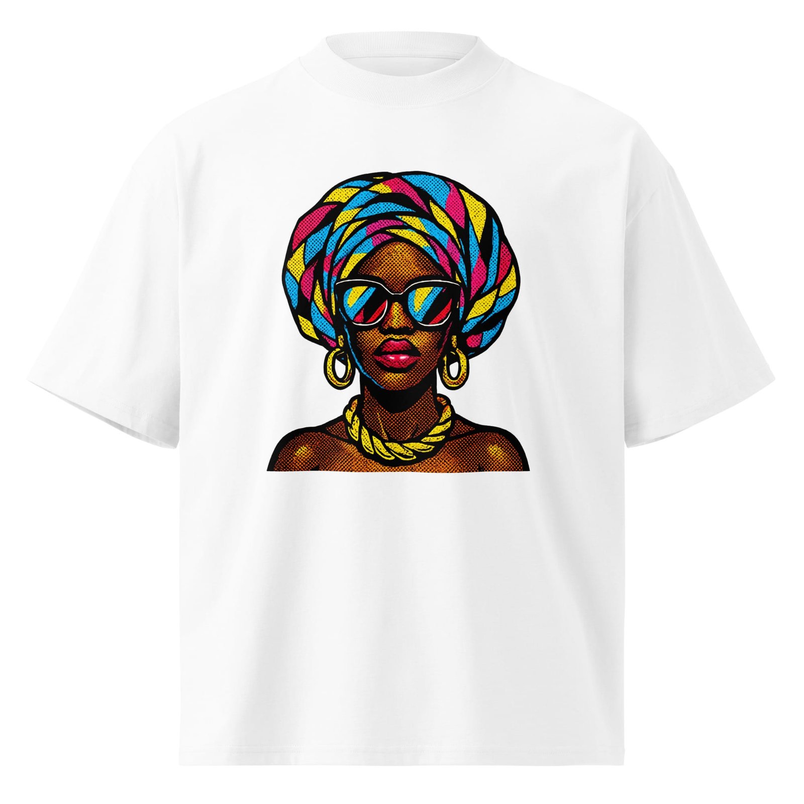 Unisex organic oversized high neck t-shirt Pop-Art Queen with Kaleidoscopic Headwrap-Original - Image 5