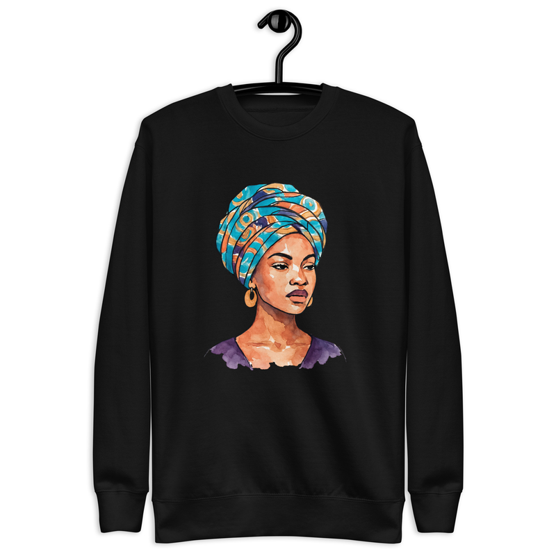Unisex Premium Sweatshirt Regal Woman in Turquoise & Coral Wax Turban-Original