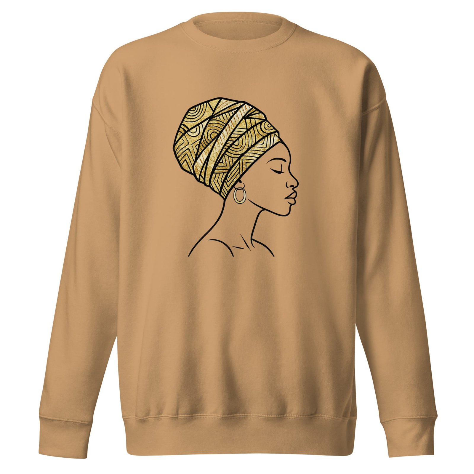 Unisex Premium Sweatshirt Elegant African Profile with Gold Wax Turban-Original - Image 6
