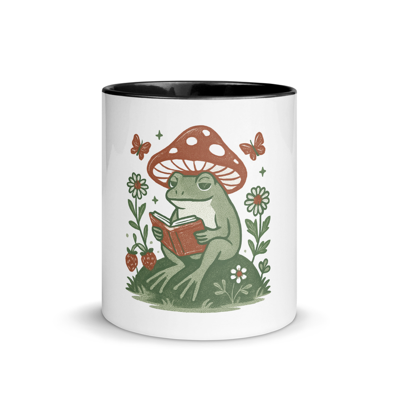 Mug with Color Inside Peaceful Frog Reading Under Mushroom Hat-Original