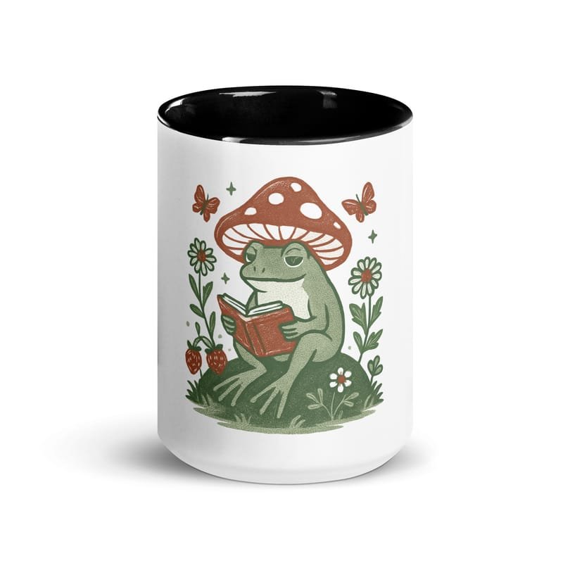 Mug with Color Inside Peaceful Frog Reading Under Mushroom Hat-Original - Image 2