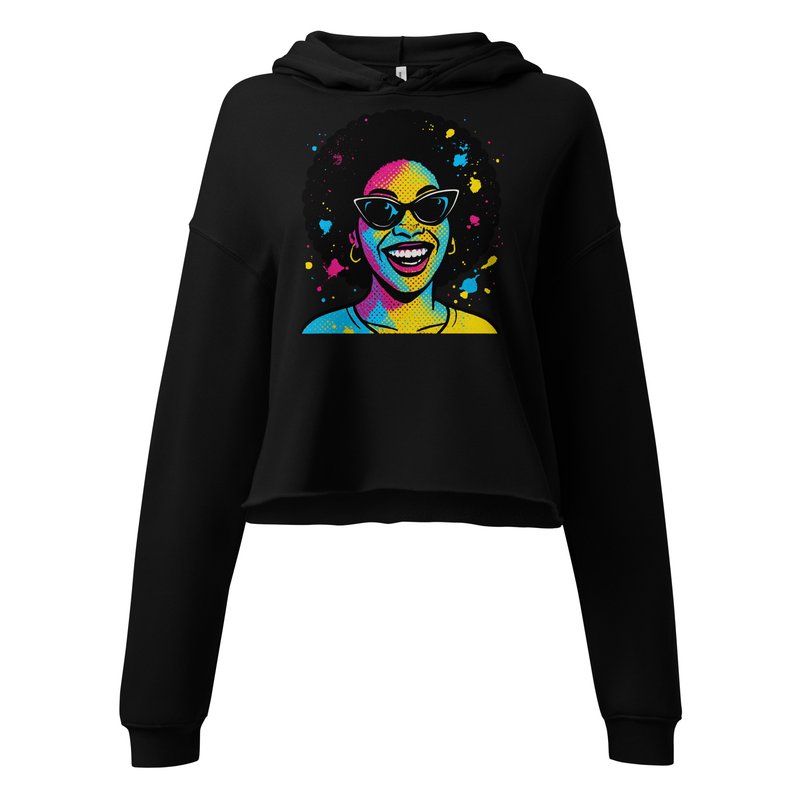 Crop Hoodie Vibrant Afro Pop-Art Woman with Cat-Eye Shades-Original