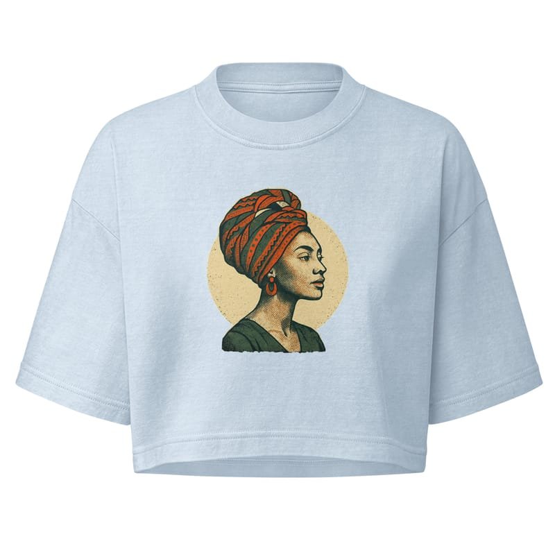 Women’s garment dye cropped tee Poised Lady in Vibrant African Wax Turban-Original - Image 2