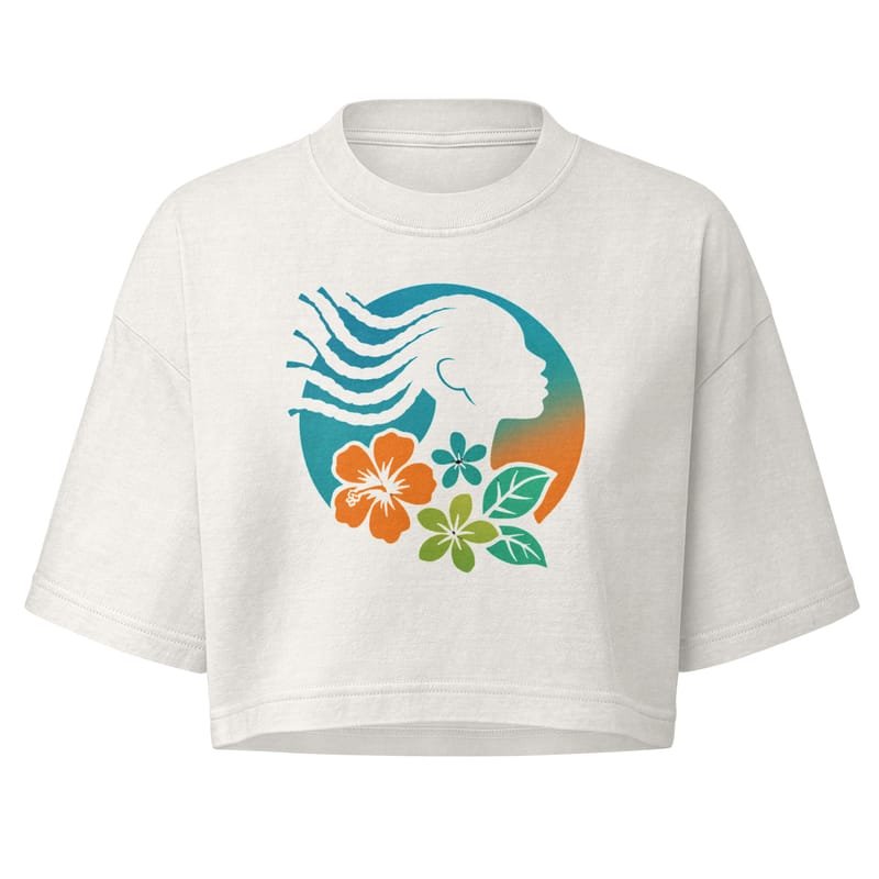 Women’s garment dye cropped tee Tropical Silhouette with Dynamic Braids & Flowers-Original - Image 3