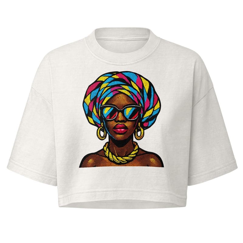 Women’s garment dye cropped tee Pop-Art Queen with Kaleidoscopic Headwrap-Original - Image 3