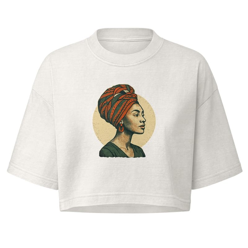Women’s garment dye cropped tee Poised Lady in Vibrant African Wax Turban-Original - Image 3