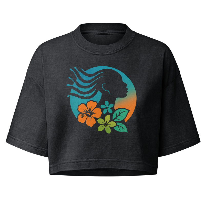 Women’s garment dye cropped tee Tropical Silhouette with Dynamic Braids & Flowers-Original