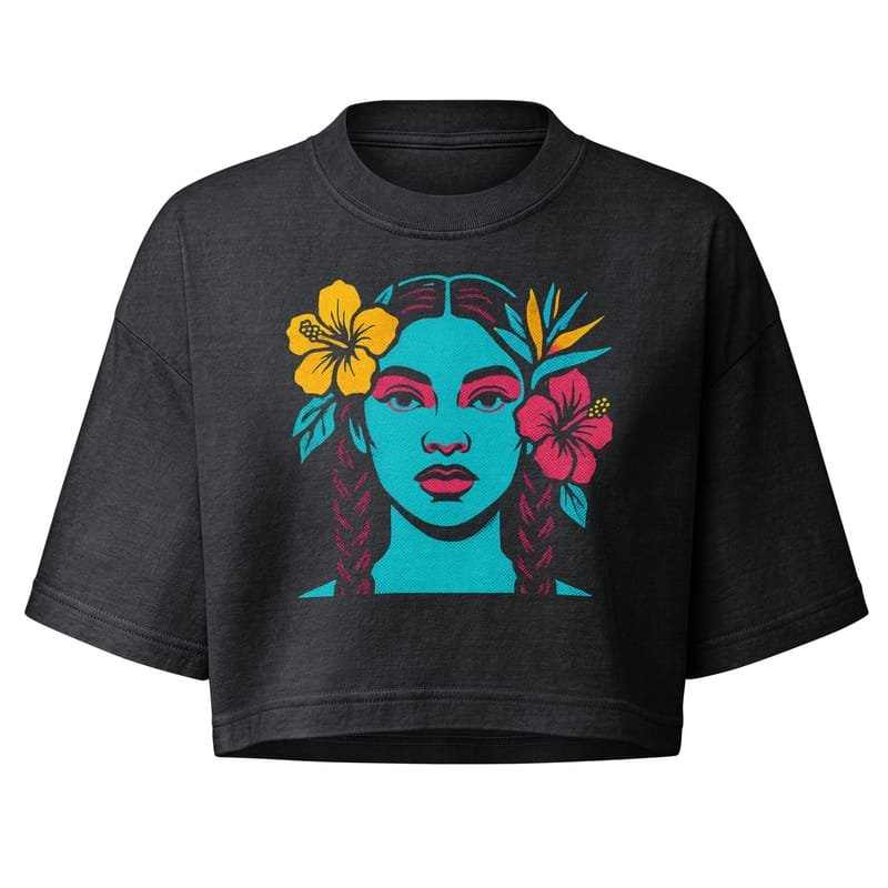 Women’s garment dye cropped tee Tropical Braids Pop-Art Femme Portrait-Original - Image 3