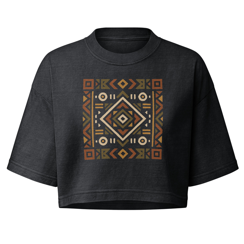 Women’s garment dye cropped tee Bold African Geometric Harmony in Earthy Tones-Original