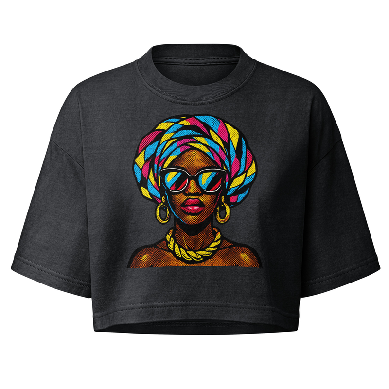 Women’s garment dye cropped tee Pop-Art Queen with Kaleidoscopic Headwrap-Original