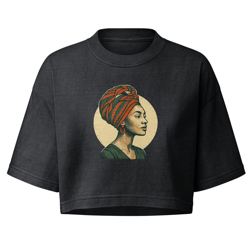 Women’s garment dye cropped tee Poised Lady in Vibrant African Wax Turban-Original