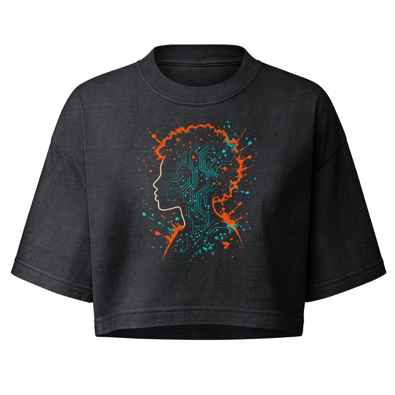 Women’s garment dye cropped tee Afro-Futurist Circuit Silhouette Splash-Original