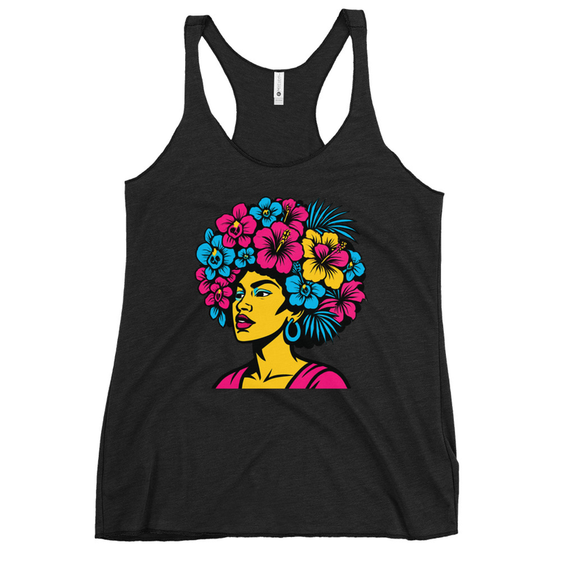Women's Racerback Tank Bold Afro Floral Pop Art Portrait-Original