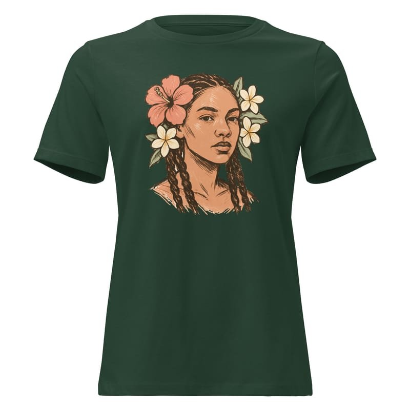 Women's Relaxed T-Shirt Tresses fleuries _ Portrait féminin terre & pastel-Original - Image 4