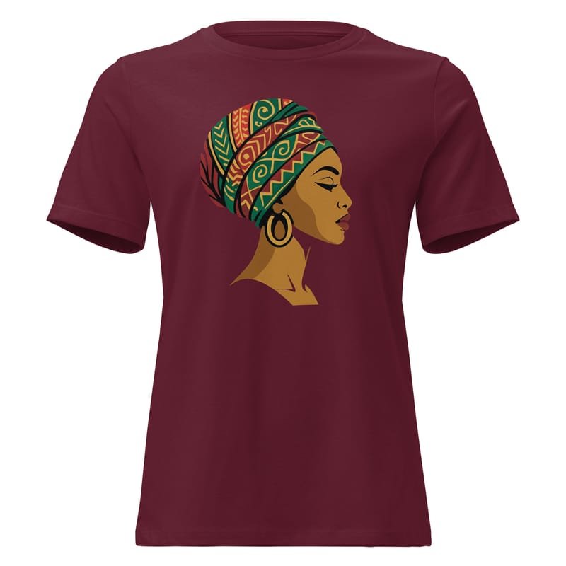 Women's Relaxed T-Shirt Elegant African Woman in Vibrant Wax Headwrap-Original - Image 3