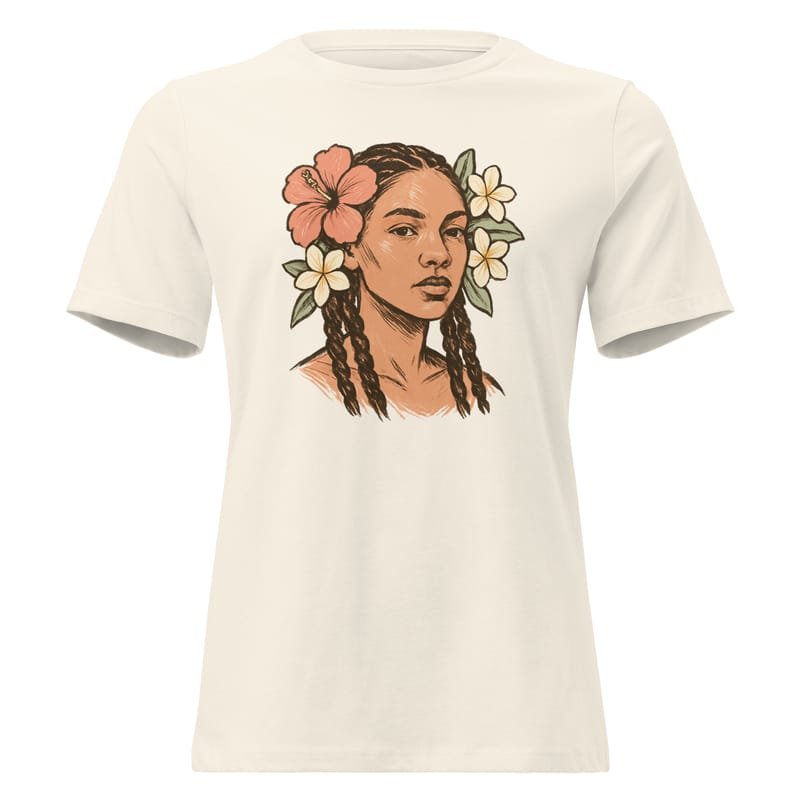 Women's Relaxed T-Shirt Tresses fleuries _ Portrait féminin terre & pastel-Original - Image 10