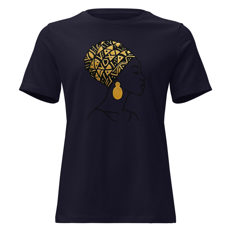 Women's Relaxed T-Shirt Elegant Afro Profile with Gold-Patterned Headwrap-Original