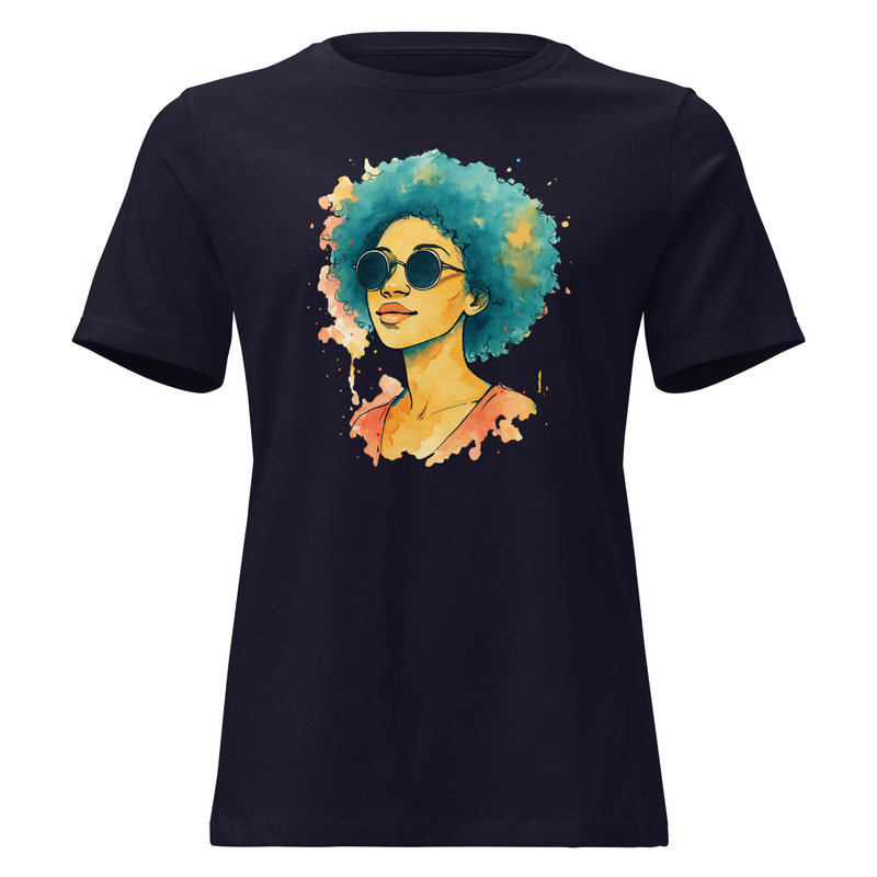 Women's Relaxed T-Shirt Sunset Vibes Woman with Afro & Sunglasses