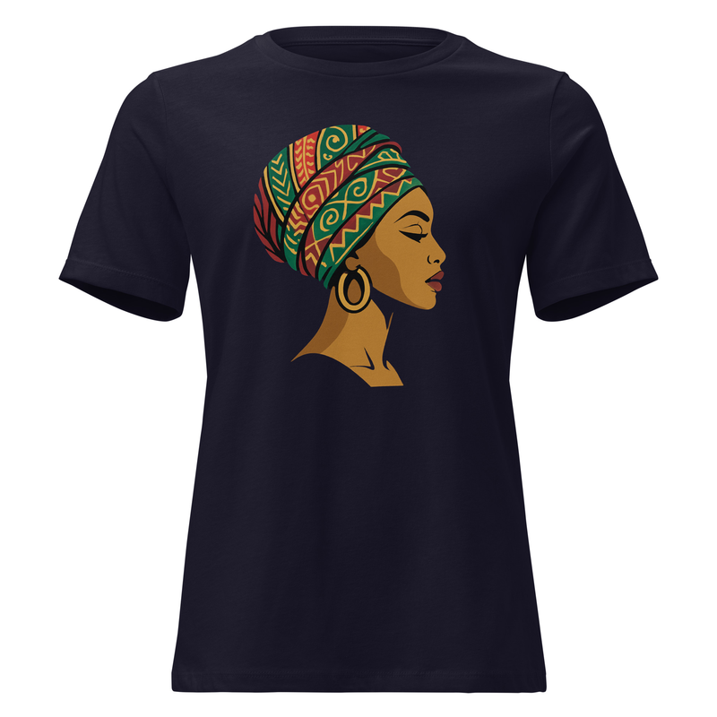 Women's Relaxed T-Shirt Elegant African Woman in Vibrant Wax Headwrap-Original