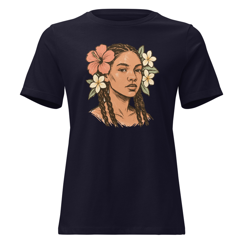 Women's Relaxed T-Shirt Tresses fleuries _ Portrait féminin terre & pastel-Original