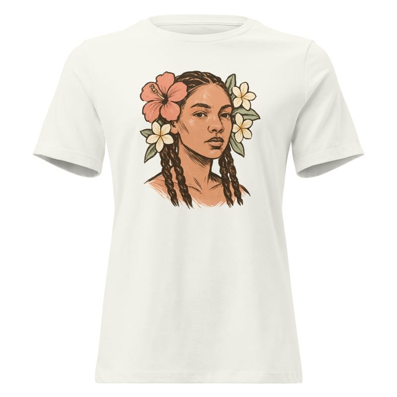 Women's Relaxed T-Shirt Tresses fleuries _ Portrait féminin terre & pastel-Original - Image 11