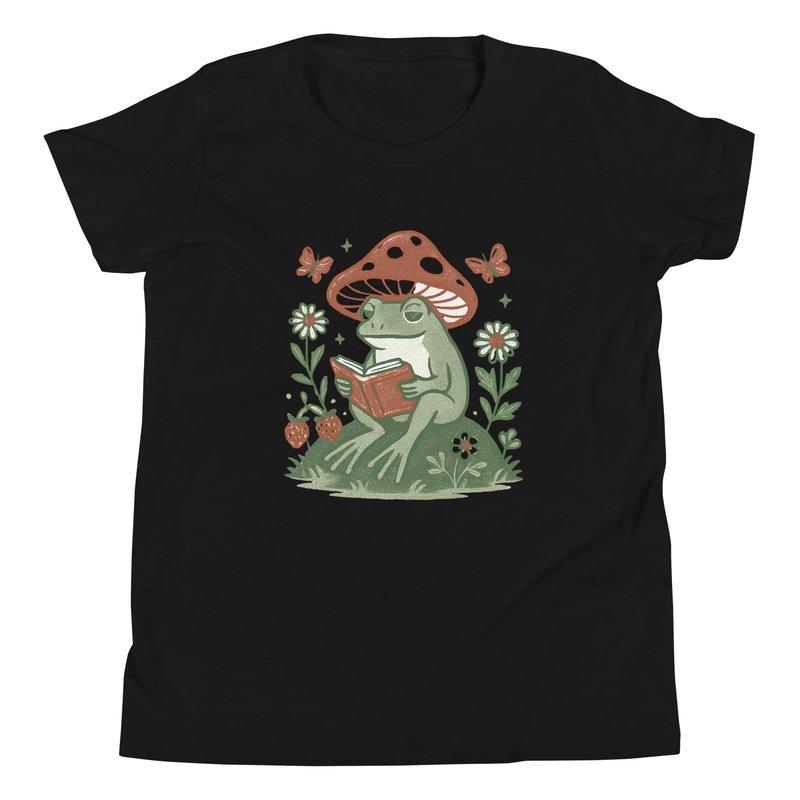 Youth Short Sleeve T-Shirt Peaceful Frog Reading Under Mushroom Hat-Original