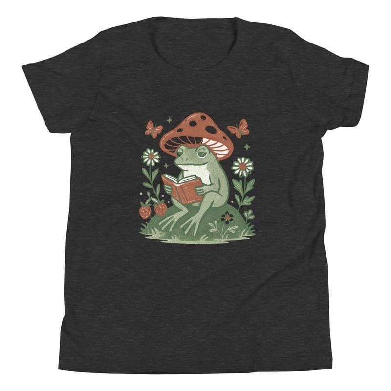 Youth Short Sleeve T-Shirt Peaceful Frog Reading Under Mushroom Hat-Original - Image 6