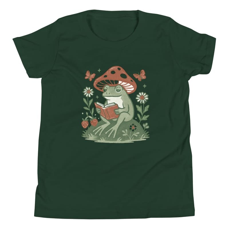 Youth Short Sleeve T-Shirt Peaceful Frog Reading Under Mushroom Hat-Original - Image 4