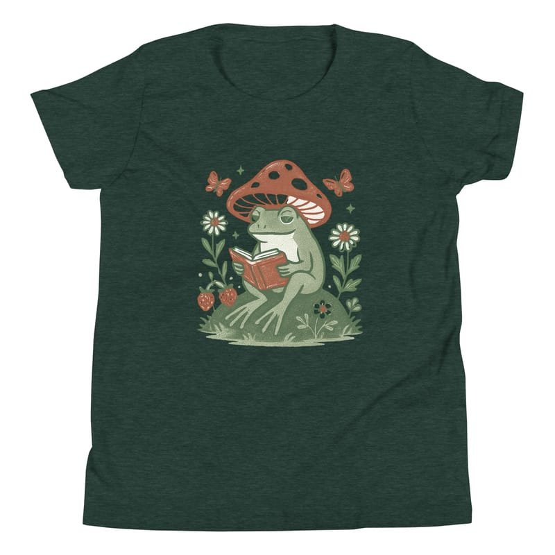 Youth Short Sleeve T-Shirt Peaceful Frog Reading Under Mushroom Hat-Original - Image 9