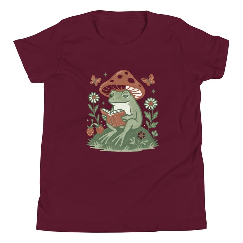 Youth Short Sleeve T-Shirt Peaceful Frog Reading Under Mushroom Hat-Original - Image 3