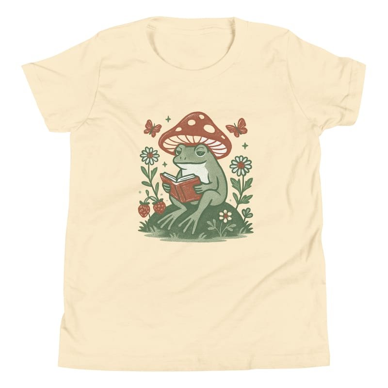 Youth Short Sleeve T-Shirt Peaceful Frog Reading Under Mushroom Hat-Original - Image 16