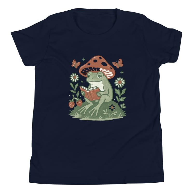 Youth Short Sleeve T-Shirt Peaceful Frog Reading Under Mushroom Hat-Original - Image 2