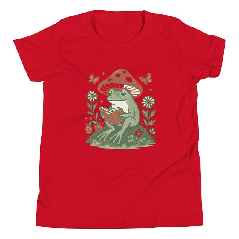 Youth Short Sleeve T-Shirt Peaceful Frog Reading Under Mushroom Hat-Original - Image 5